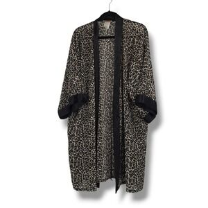 Inner Most Leopard Print Sheer Kimono Robe Satin Trim Large Animal‎ Print Brown